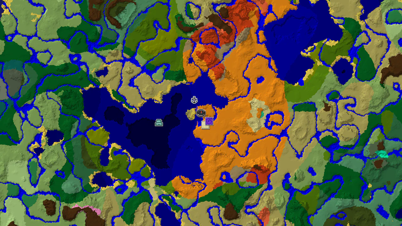 A 2D biome map centered on spawn, showing a desert island surrounded by warm ocean and marked with nearby desert pyramid, ruined portal, and shipwreck structures.