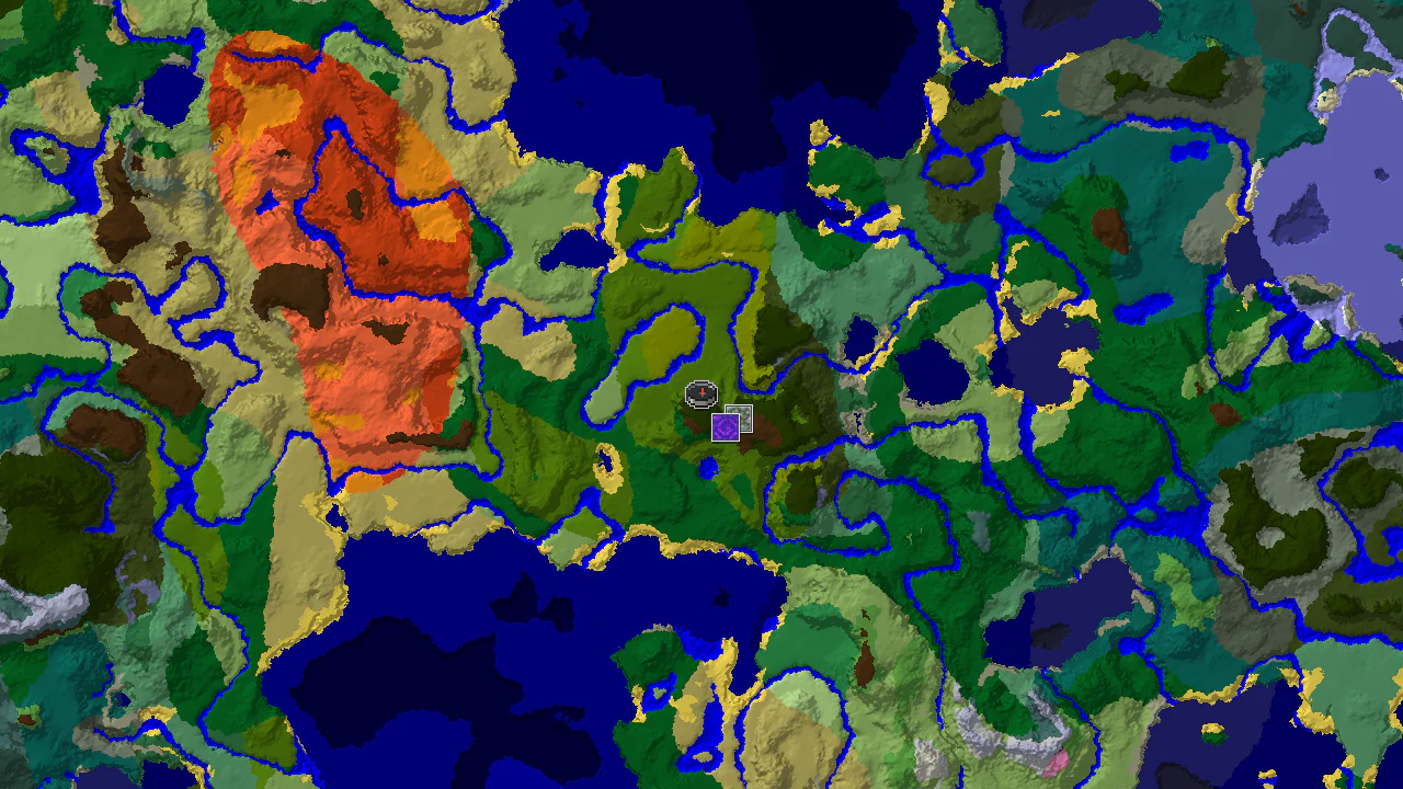A 2D biome map centered on spawn, showing a large jungle area with markers for a nearby jungle temple and ruined portal.