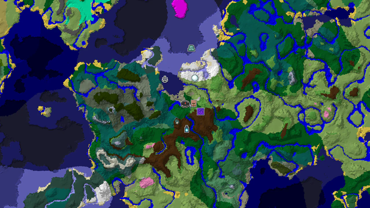 A 2D biome map centered on spawn, showing a forest valley surrounded by higher ground and markers for a village, ruined portal, and ancient city.