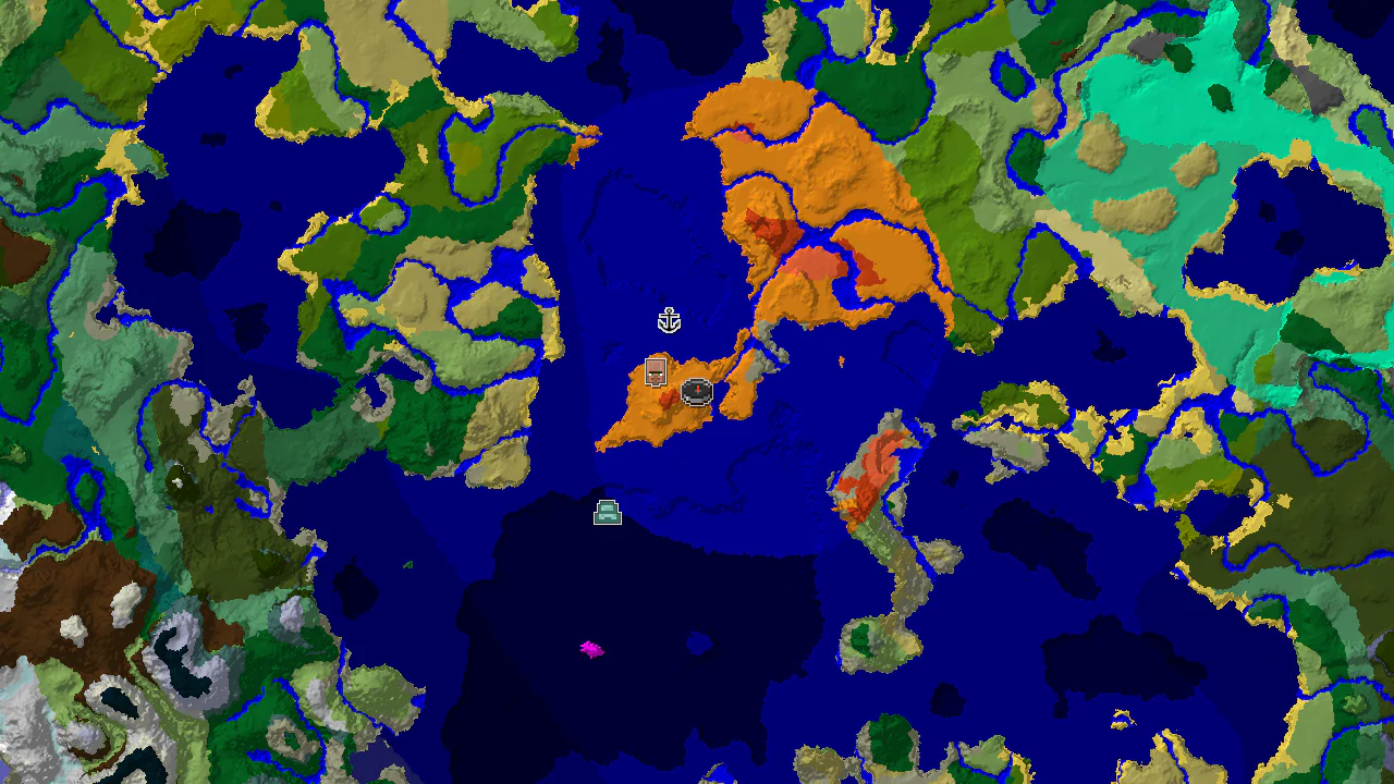 A 2D biome map centered on spawn, showing a desert village on an island, surrounded by warm ocean and featuring markers for a shipwreck and ocean monument.