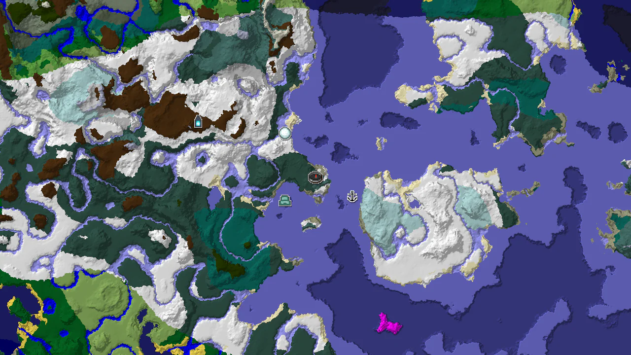 A top-down 2D biome map centered on spawn, showing a large Frozen Ocean biome to the south and west, with markers for an Ocean Monument, Shipwreck, and Igloo.