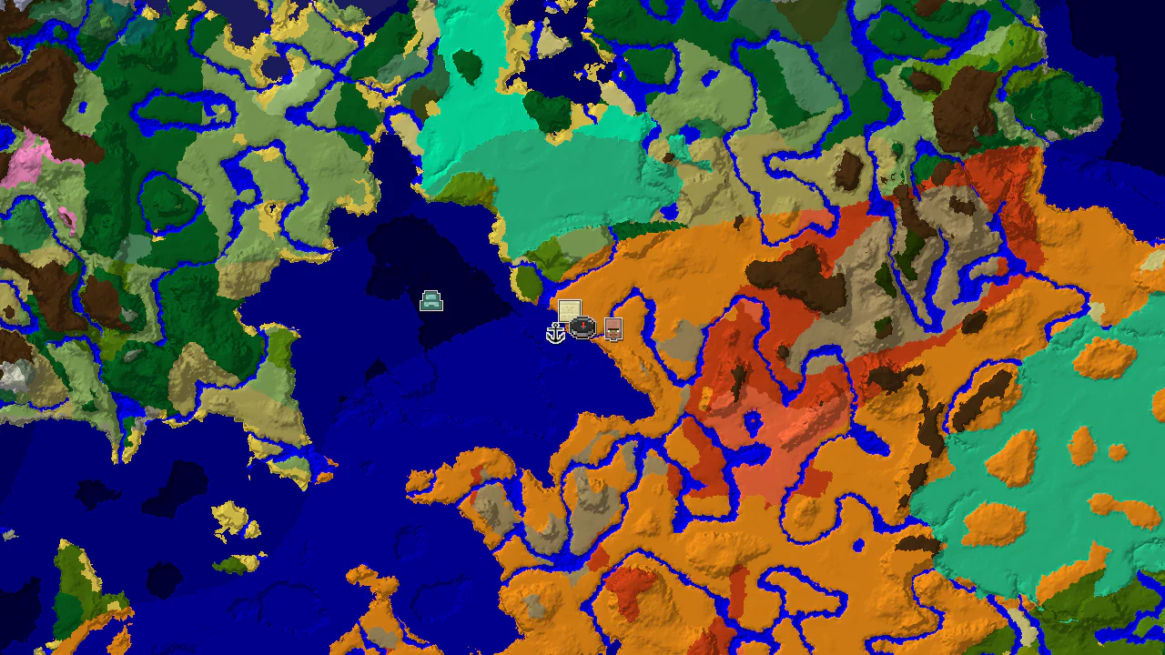 Top-down 2D biome map centred on the spawn point, with markers for the village, desert pyramid, shipwreck and ocean monument spread across desert, warm ocean and river biomes.