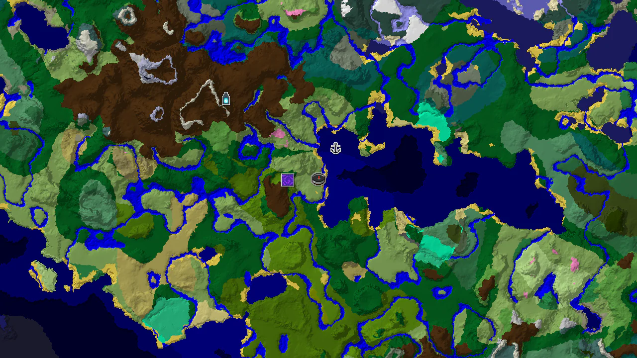 Top-down 2D biome map centred on the spawn marker in a plains valley, with markers for the Ruined Portal, Shipwreck, Ancient City and Stronghold.