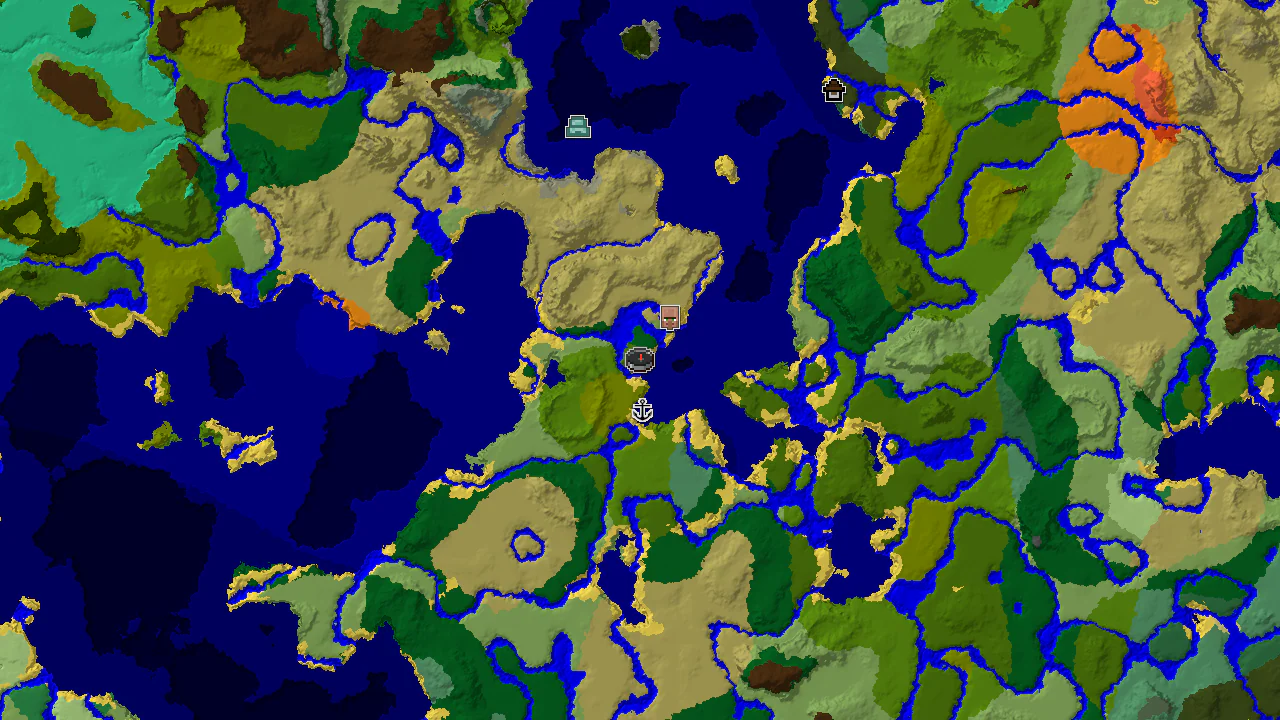 A 2D biome map centered on a jungle island spawn, showing a village marker nearby and vast oceans surrounding it.