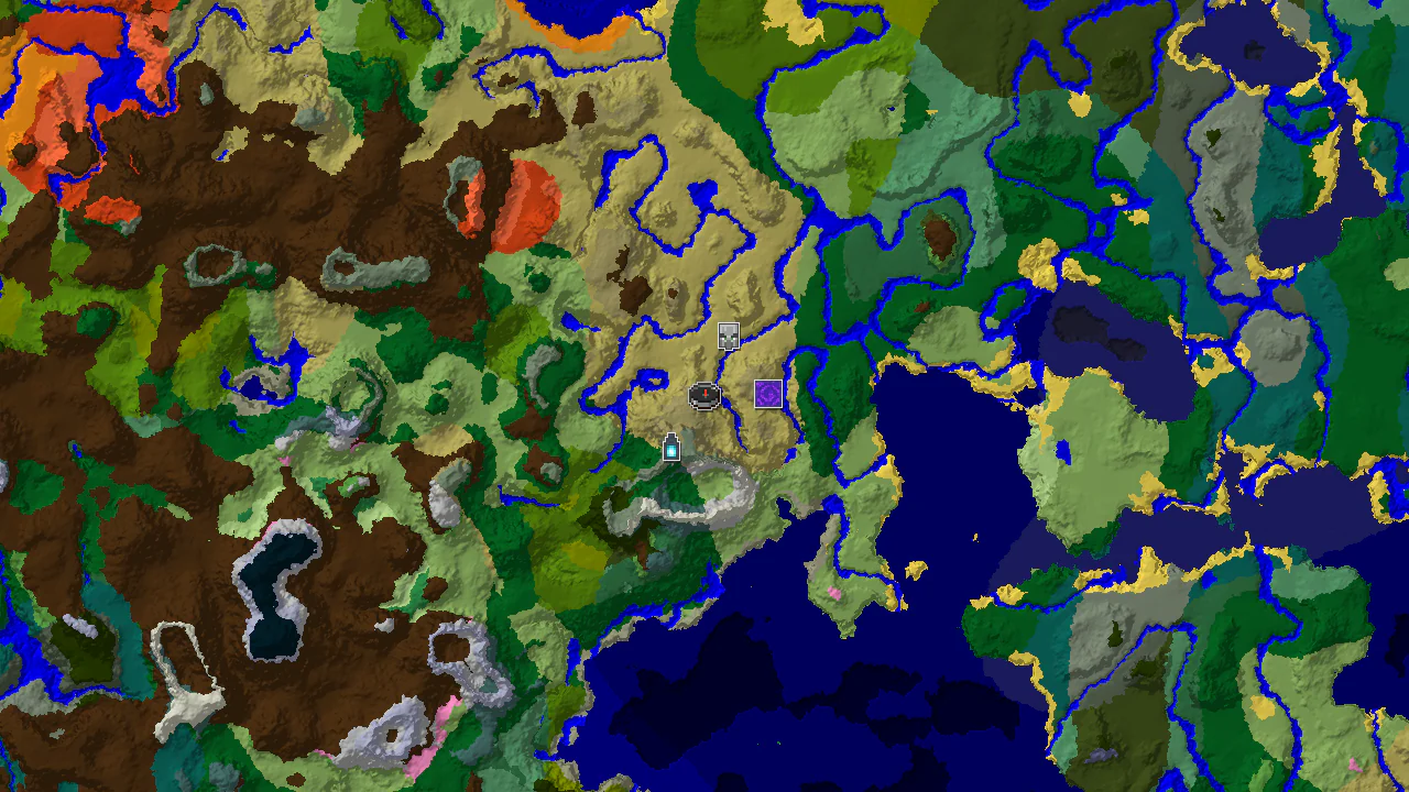 Top-down 2D biome map centred on a savanna spawn marker, with markers for a ruined portal, pillager outpost, ancient city, stronghold and two villages.