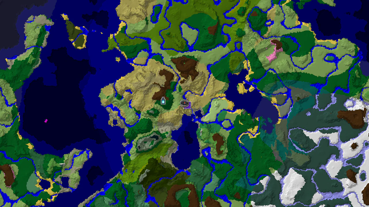 Top-down 2D biome map centred on spawn, with a spawn marker, a ruined portal marker to the south-east and an ancient city marker to the west.
