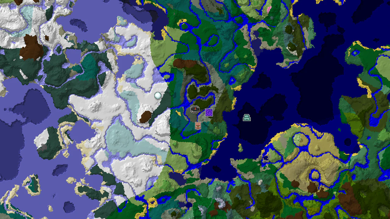 A 2D biome map centered on spawn, showing an Old Growth Pine Taiga spawn surrounded by various taiga biomes, snowy plains, and ocean, with markers for a double village, ruined portal, igloo, and ocean monument.