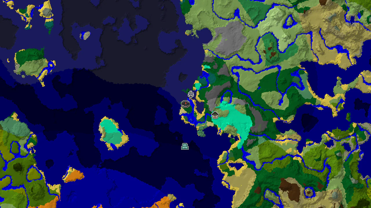 A 2D biome map centered on the spawn point, showing a small forested island surrounded by ocean, with markers for a shipwreck and an ocean monument.