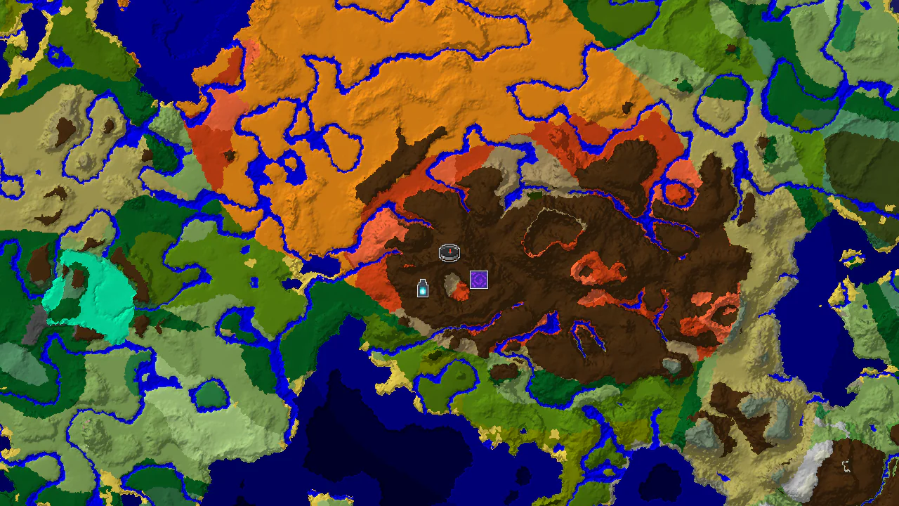 Top-down 2D biome map centred on spawn in Wooded Badlands, with a spawn marker and markers for the Ruined Portal, Ancient City and Stronghold.