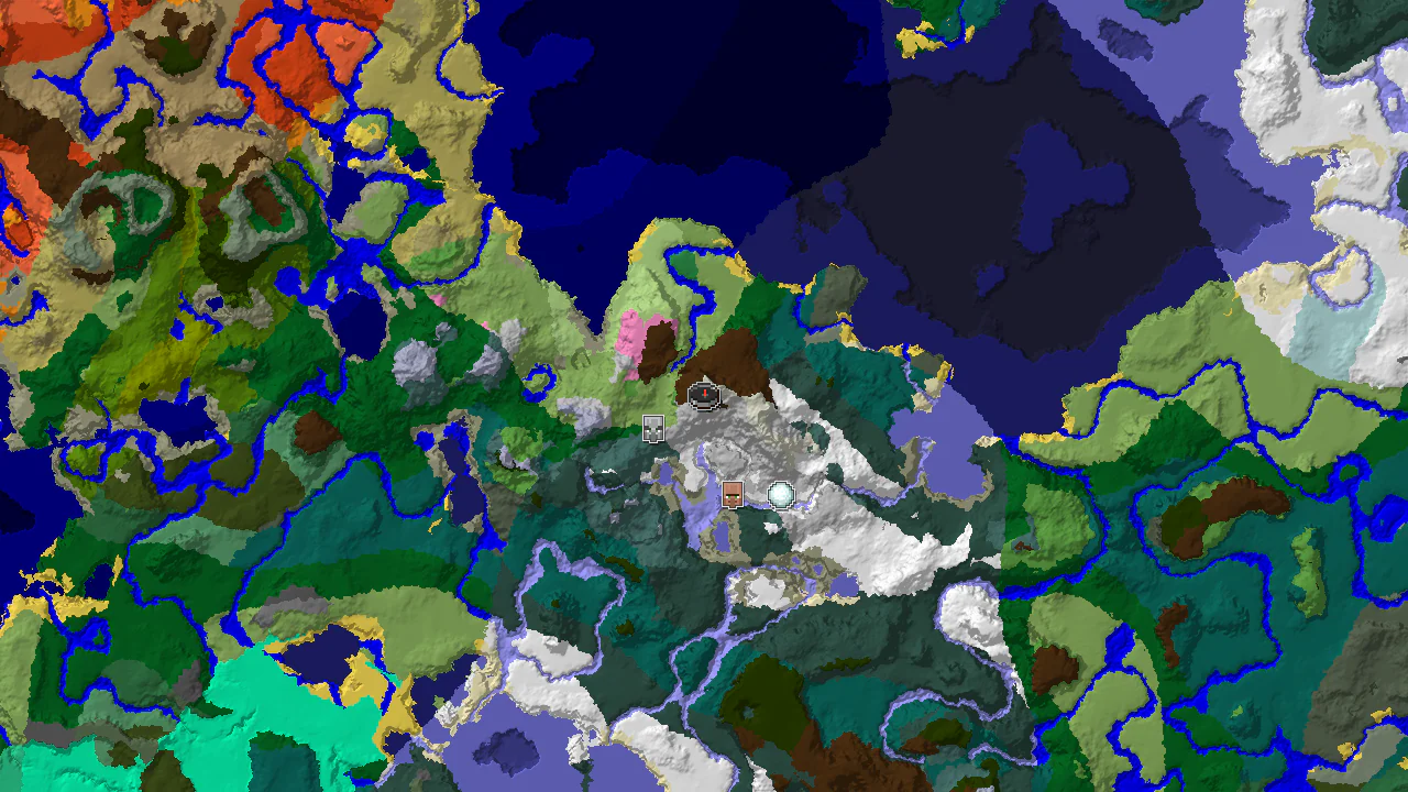 Top-down 2D biome map centred on the spawn marker in Snowy Slopes, with markers for the village, pillager outpost, igloo and stronghold spread across the surrounding snowy and forested biomes.