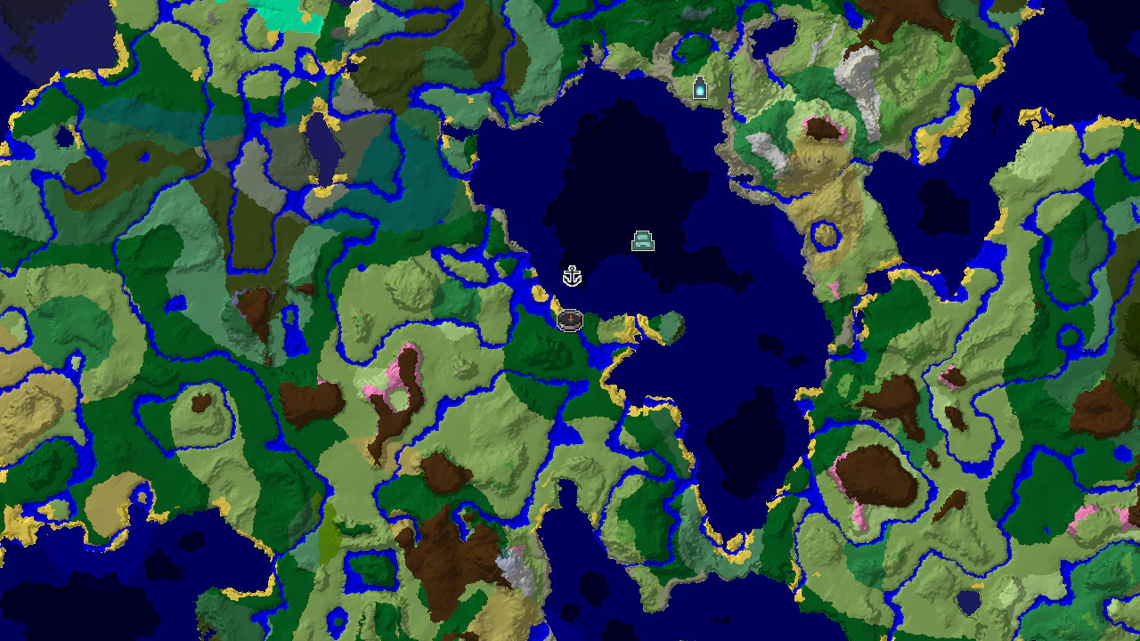 A 2D biome map centered on spawn, showing a large island surrounded by ocean, with markers for two villages, a shipwreck, and an ocean monument.