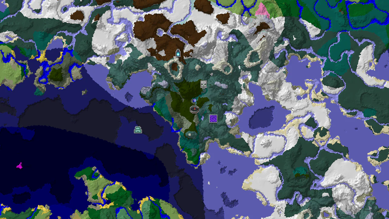 Top-down 2D biome map centred on spawn in a spruce-taiga valley, with a spawn marker and markers for the nearby outpost, ruined portal and farther structures.