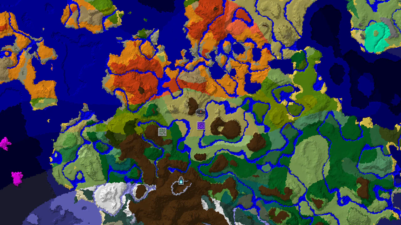 Top-down 2D biome map centred on spawn in a savanna valley, with a spawn marker and markers for a ruined portal, jungle temple, ancient city and stronghold.