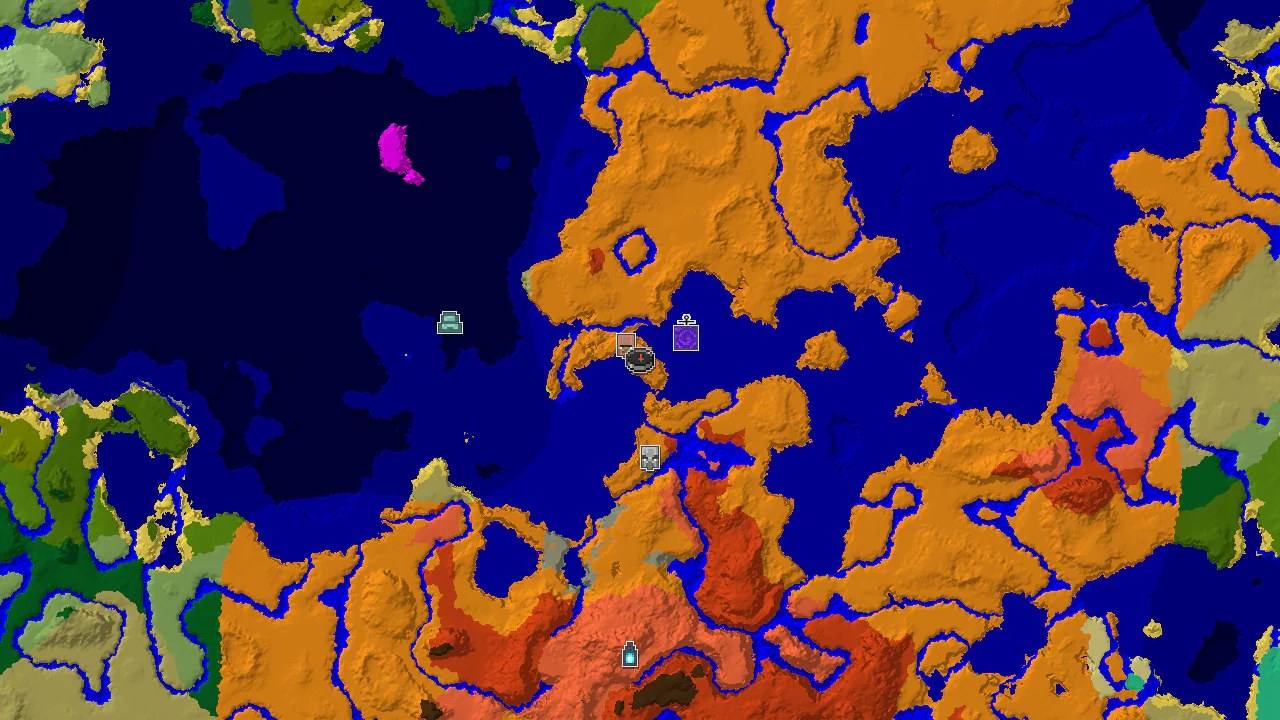 A 2D biome map centered on a desert island, showing a spawn marker, a nearby village, a ruined portal, and a shipwreck.