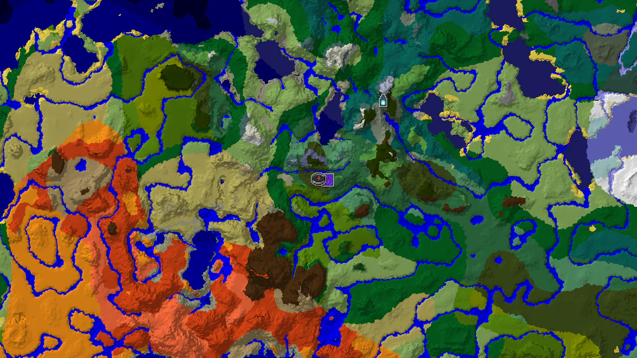 A top-down 2D biome map centered on spawn, showing a Dark Forest at the center, with a Ruined Portal marker to the east and an Ancient City marker to the northeast.