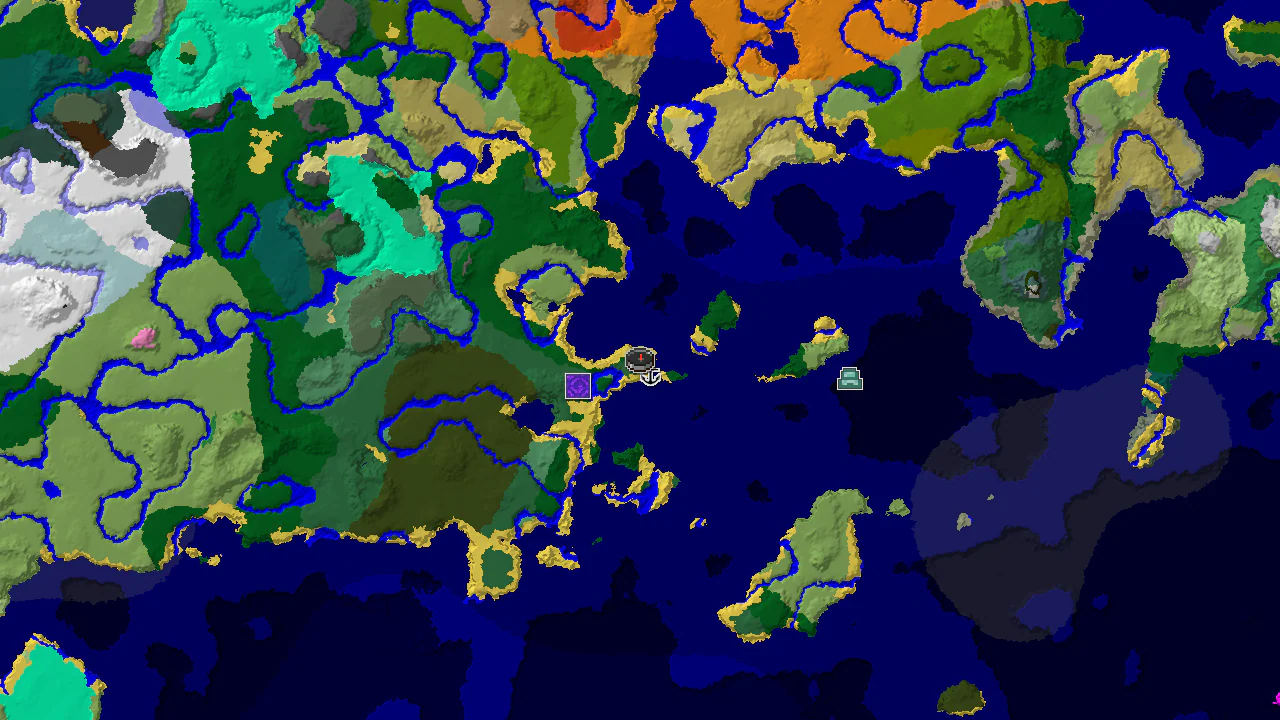 A 2D biome map centered on spawn, showing a small forest island surrounded by ocean, with markers for a shipwreck and a distant ocean monument.