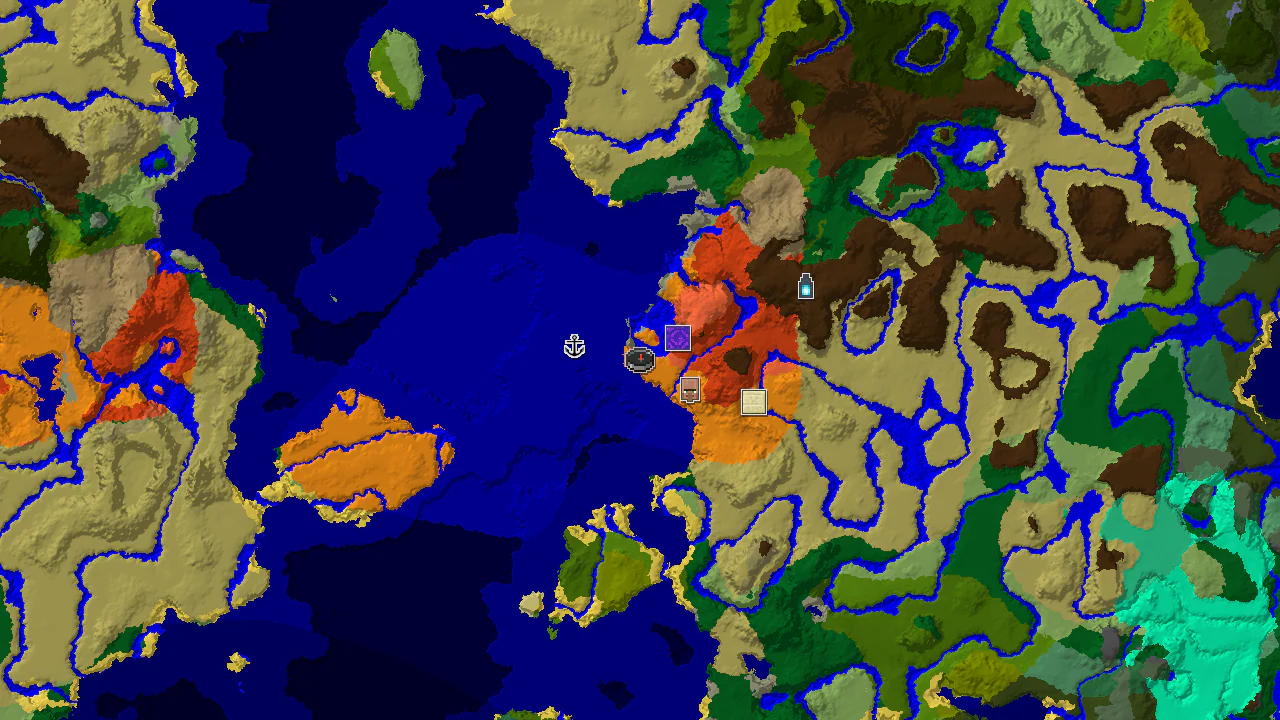 Top-down 2D biome map centred on a desert spawn, with markers for the village, ruined portal, shipwreck, desert pyramid and ancient city.
