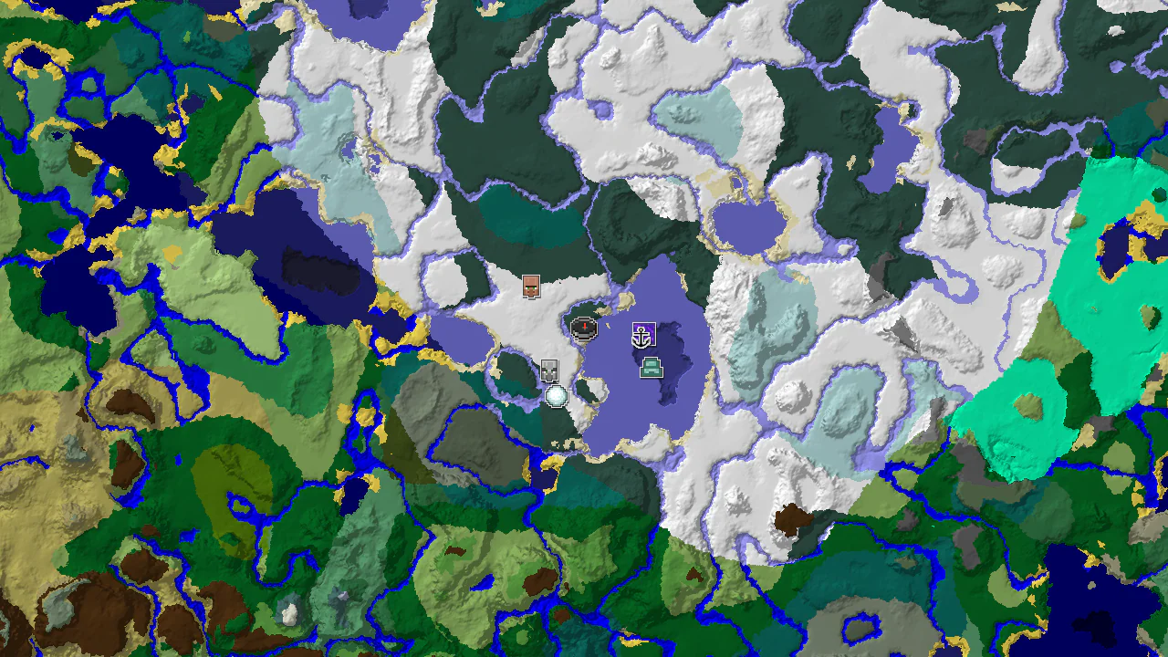Top-down 2D biome map centred on spawn in Snowy Plains, with a spawn marker and markers for a village, ruined portal, shipwreck, pillager outpost, ocean monument and igloo.