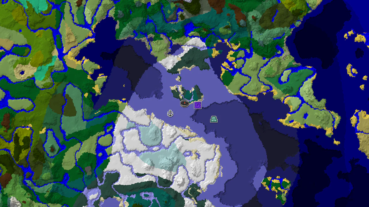 A top-down 2D biome map centered on spawn, showing a large taiga island surrounded by frozen oceans, with markers for a ruined portal, shipwreck, and ocean monument.