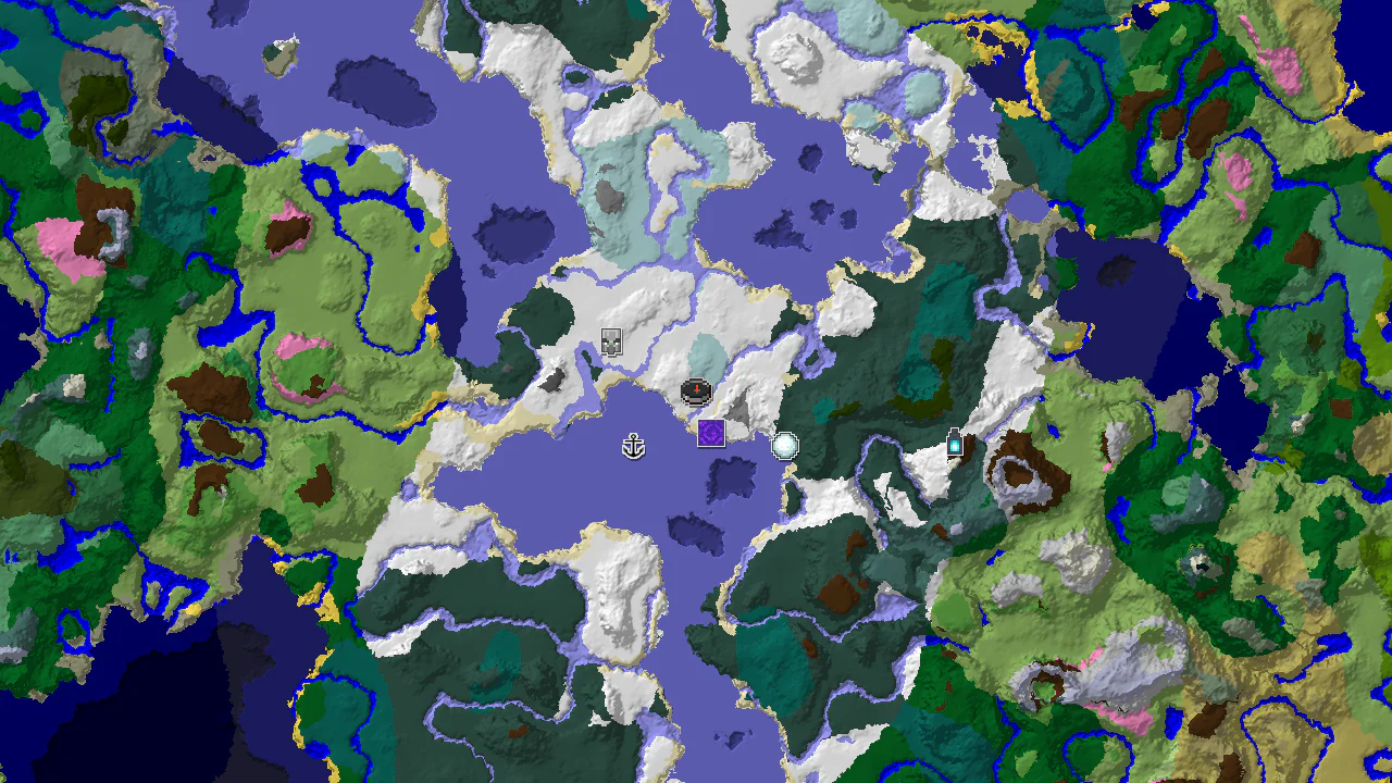 A top-down 2D biome map centered on spawn, showing a large area of ice spikes and frozen ocean with markers for a ruined portal, shipwreck, and pillager outpost.