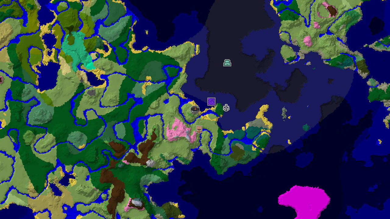 Top-down 2D biome map centred on the spawn marker in plains, with markers for the village, ruined portal, shipwreck and ocean monument and cold ocean to the east.