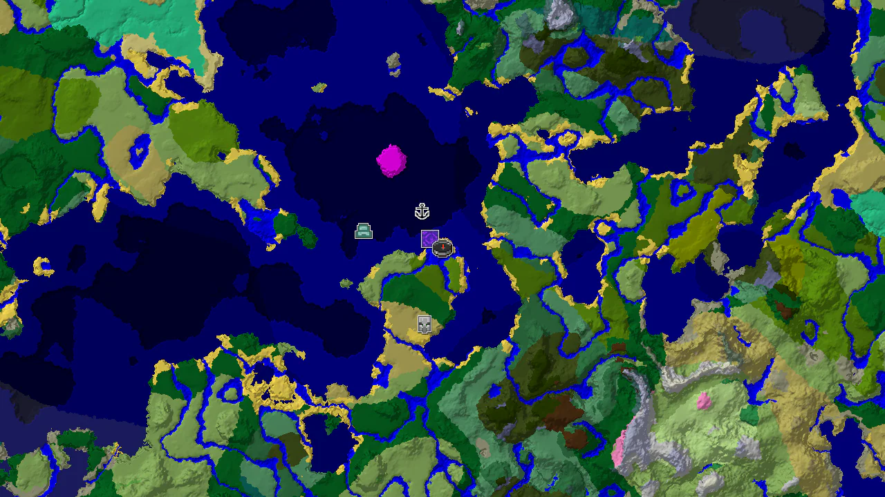 A 2D biome map centered on spawn, showing a small island of forest and jungle surrounded by ocean, with markers for a ruined portal, shipwreck, and ocean monument.