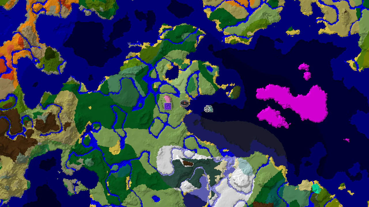 Top-down 2D biome map centred on a plains spawn marker, with markers for a ruined portal to the west, a shipwreck and ocean monument to the east, and surrounding ocean, forest and snowy biomes.