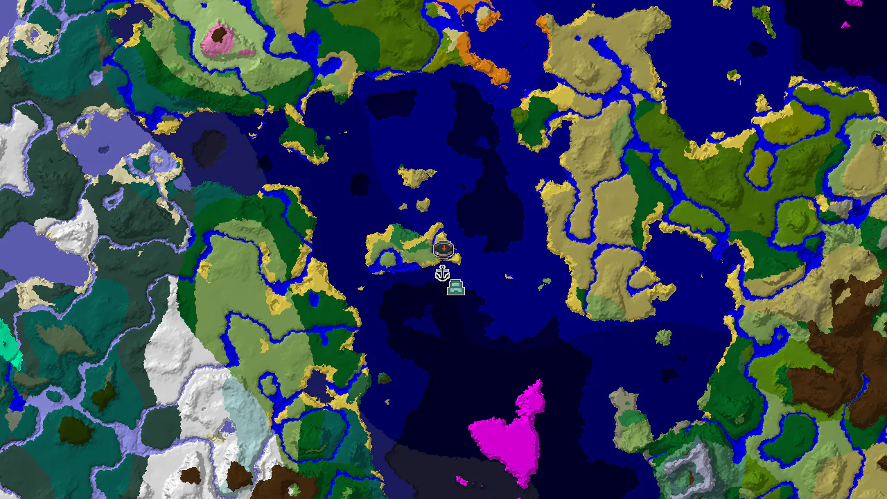 A 2D biome map centered on the spawn point, revealing an island with Savanna, Beach, Plains, and Flower Forest biomes, along with markers for a shipwreck and an ocean monument.