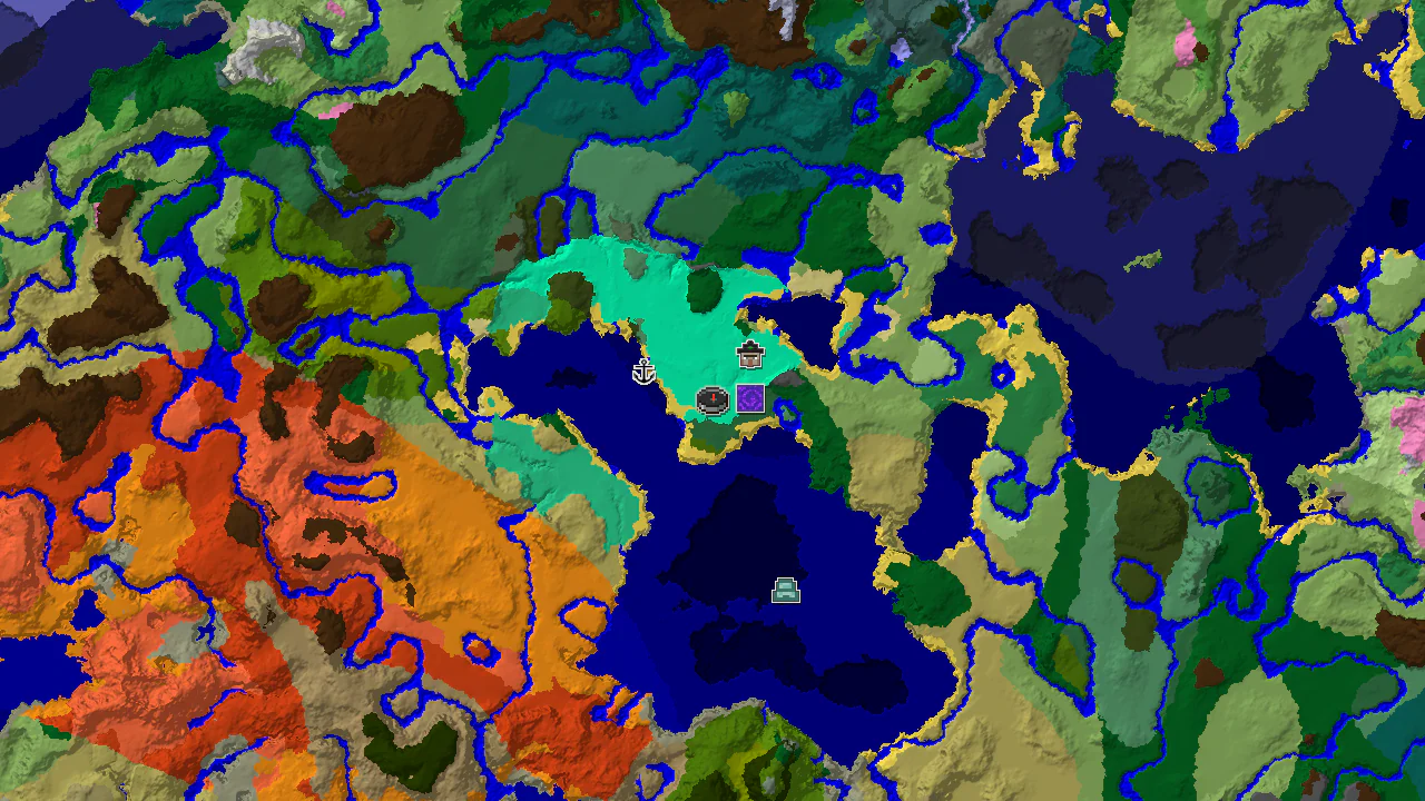 A 2D biome map centered on spawn, showing a large ocean biome to the south-east with an ocean monument marker, and swamp and forest biomes to the north with a witch hut marker.
