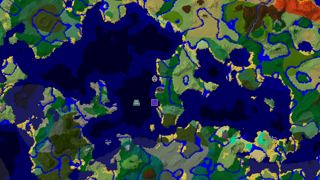 A top-down 2D biome map centered on spawn, showing a large island dominated by various forest biomes, surrounded by ocean, with markers for a Ruined Portal, Shipwreck, and Ocean Monument.