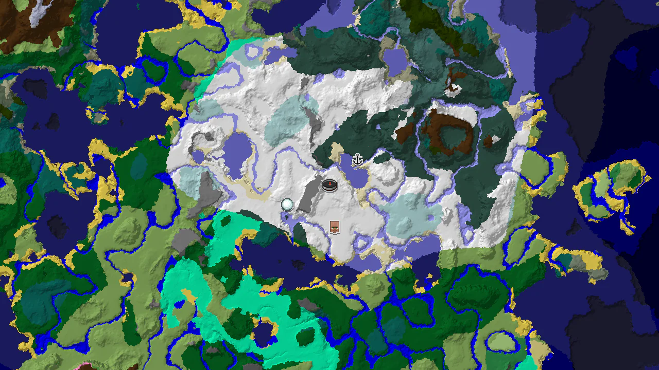A 2D biome map centered on spawn, showing a large snowy plains area with markers for a village, shipwreck, and igloo.
