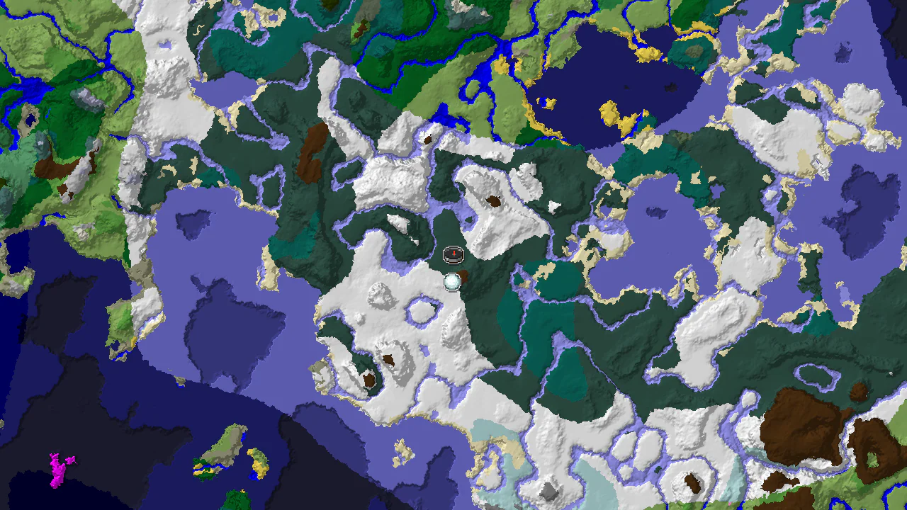 Top-down 2D biome map centred on a spawn marker in a snowy taiga, with markers for an igloo to the south and two villages farther out.