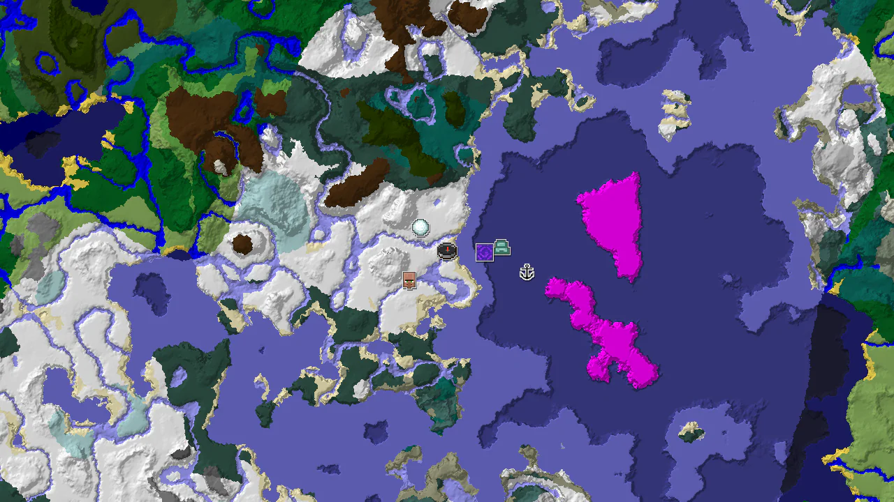 Top-down 2D biome map centred on the spawn marker in Snowy Plains, with icy ocean to the east and markers for the village, igloo, ruined portal, shipwreck and ocean monument.