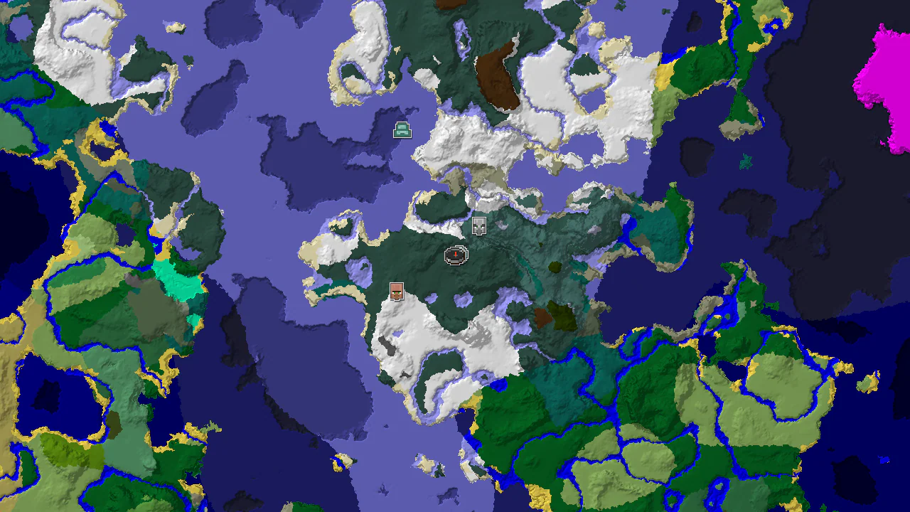 A top-down 2D biome map centered on spawn, marked in Snowy Taiga, showing an Igloo, Pillager Outpost, Village, and Ocean Monument.