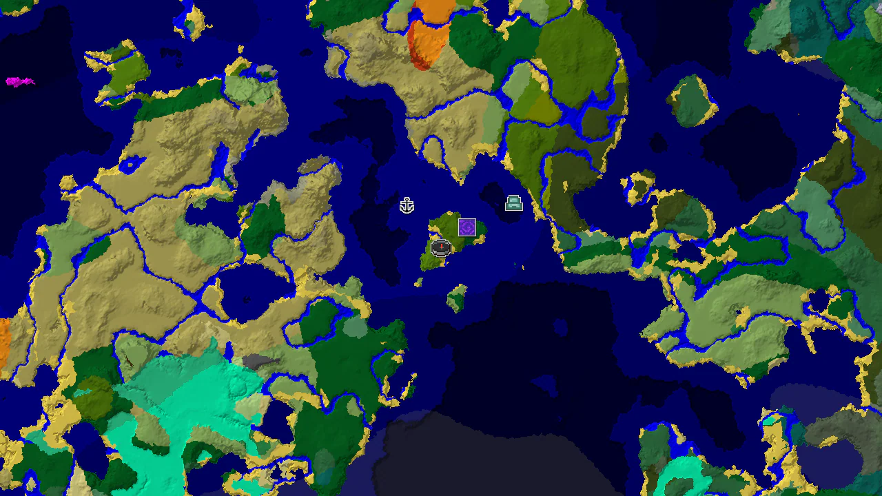 A 2D biome map centered on a sparse jungle island, with markers for a ruined portal, shipwreck, and ocean monument.