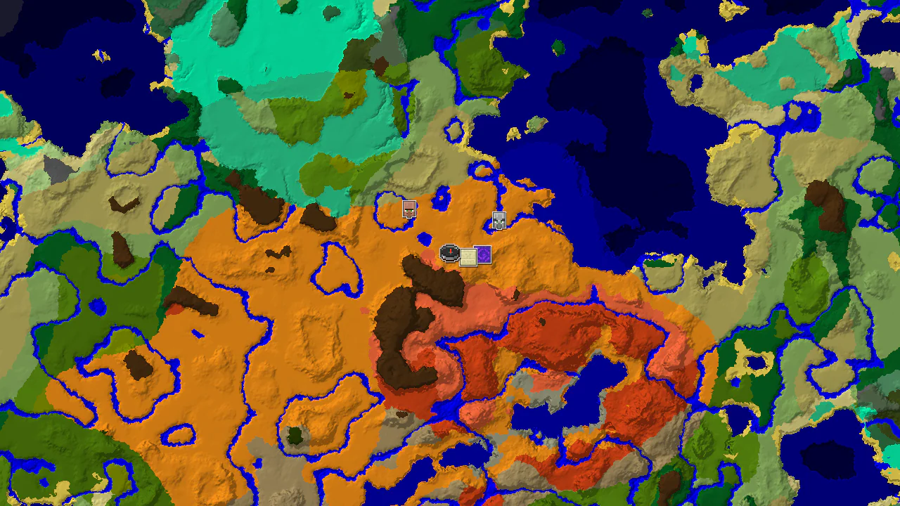 A 2D biome map centered on spawn, showing a large desert area with markers for a desert pyramid, ruined portal, village, and pillager outpost.