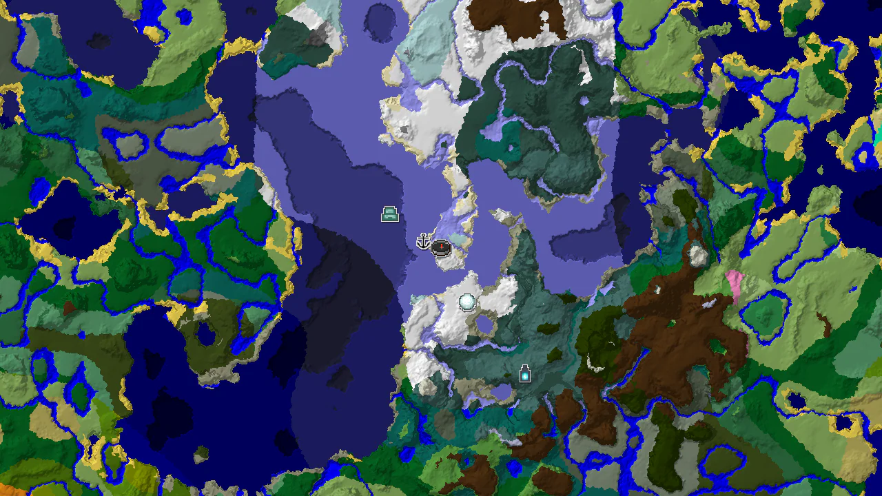 Top-down 2D biome map centred on spawn, showing a small snowy island ringed by frozen ocean, with a spawn marker and structure markers for a shipwreck, monument, igloo and ancient city.