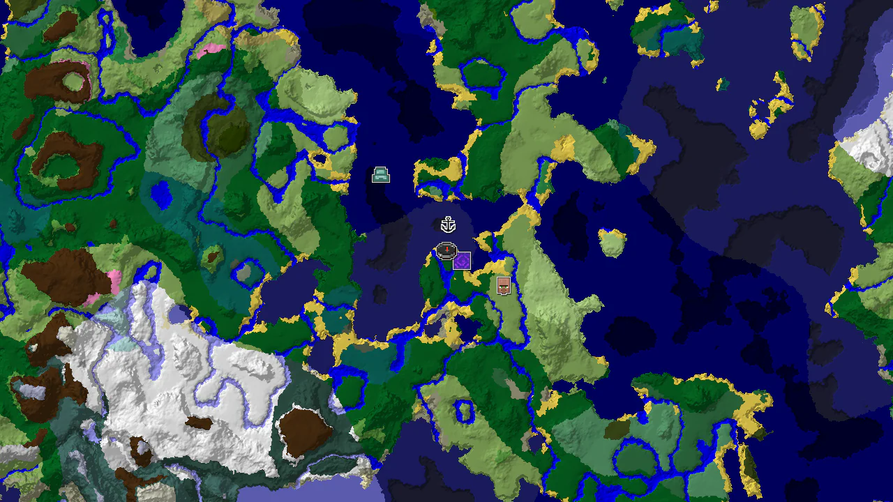 A top-down 2D biome map centered on spawn, showing a small Forest island surrounded by Cold Ocean and Ocean biomes, with markers for a Ruined Portal, Shipwreck, and multiple villages.