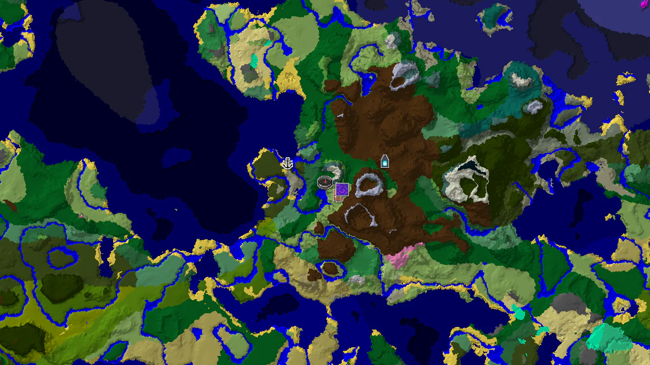 Top-down 2D biome map centred on a forest spawn, with a spawn marker and markers for a village, ruined portal, shipwreck, ancient city and stronghold.