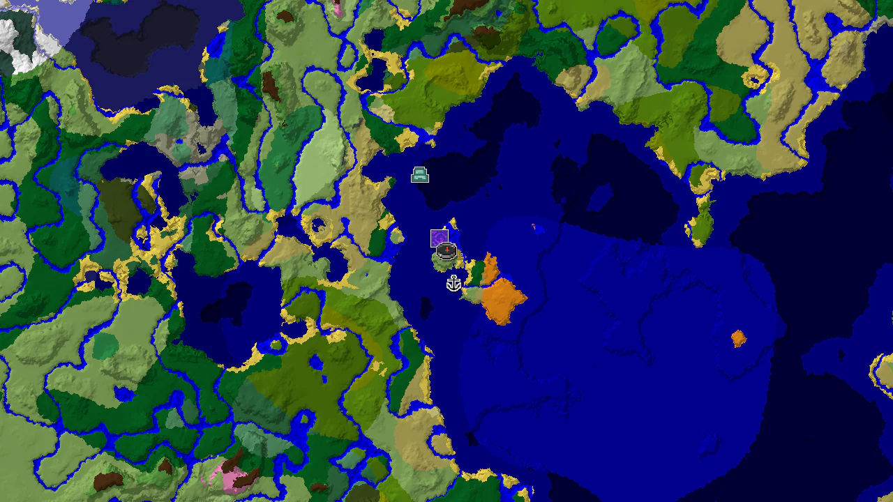 A 2D biome map centered on spawn, showing a large island primarily composed of Plains and Forest biomes, surrounded by various ocean types. Markers indicate a nearby ruined portal and shipwreck.