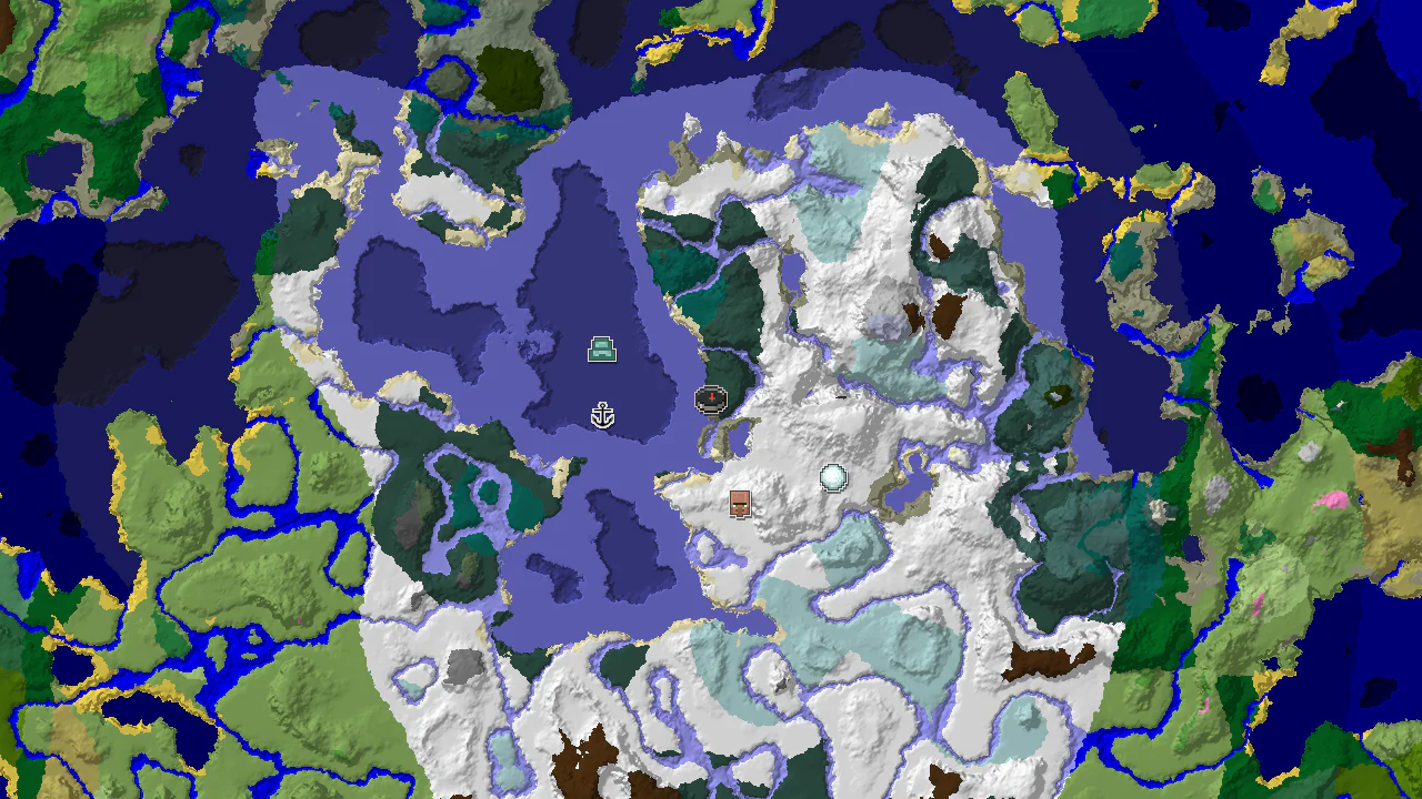 Top-down 2D biome map centred on a snowy taiga spawn, with markers for the nearby village, shipwreck, ocean monument and igloo across frozen ocean and snowy plains.