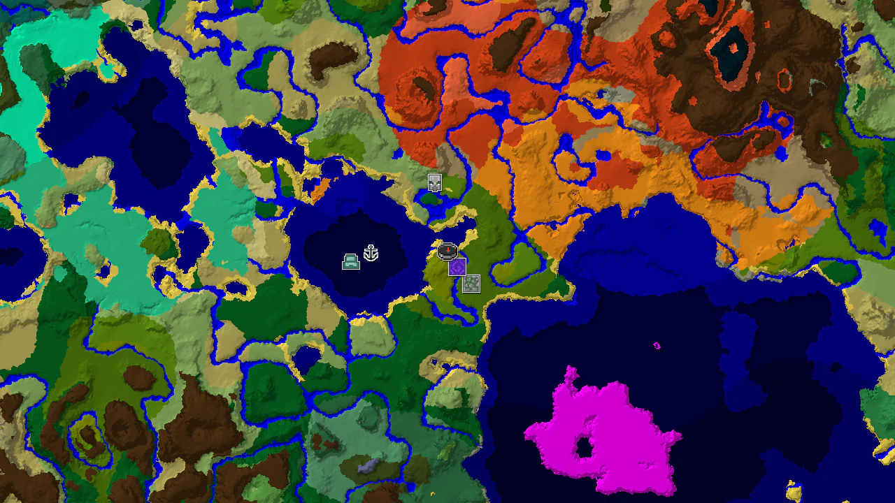 Top-down 2D biome map centred on the spawn marker in a Bamboo Jungle, with markers for the Jungle Temple, Ruined Portal, Shipwreck, Pillager Outpost and Ocean Monument.