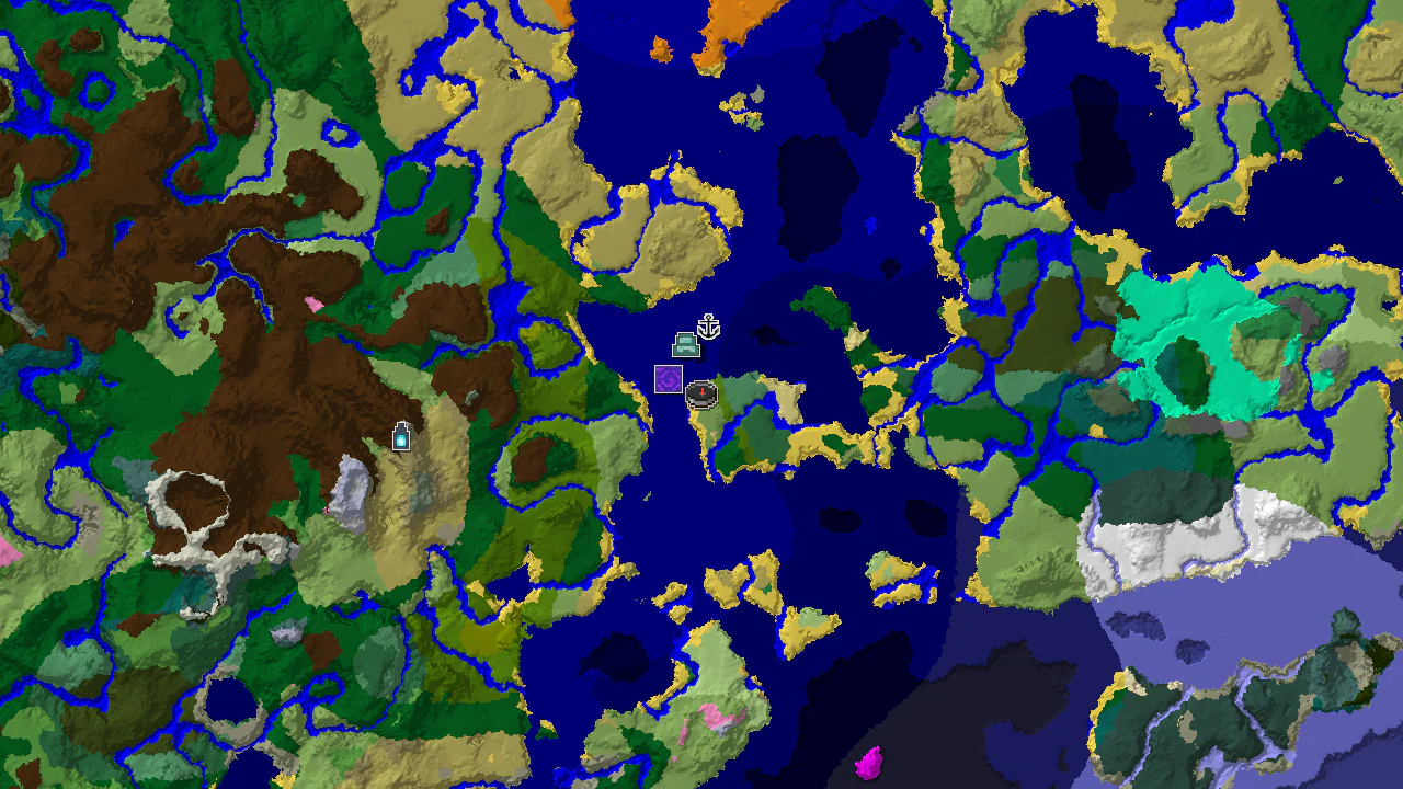 A 2D biome map centered on spawn, showing a large island surrounded by ocean, with markers for a Ruined Portal, Shipwreck, and Ocean Monument.