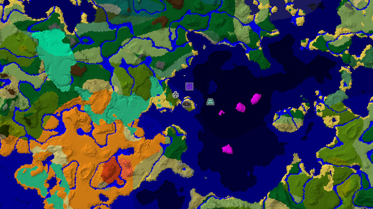 A 2D top-down biome map centered on spawn, showing a small bamboo jungle island surrounded by various ocean biomes, with markers for a ruined portal, shipwreck, and ocean monument.