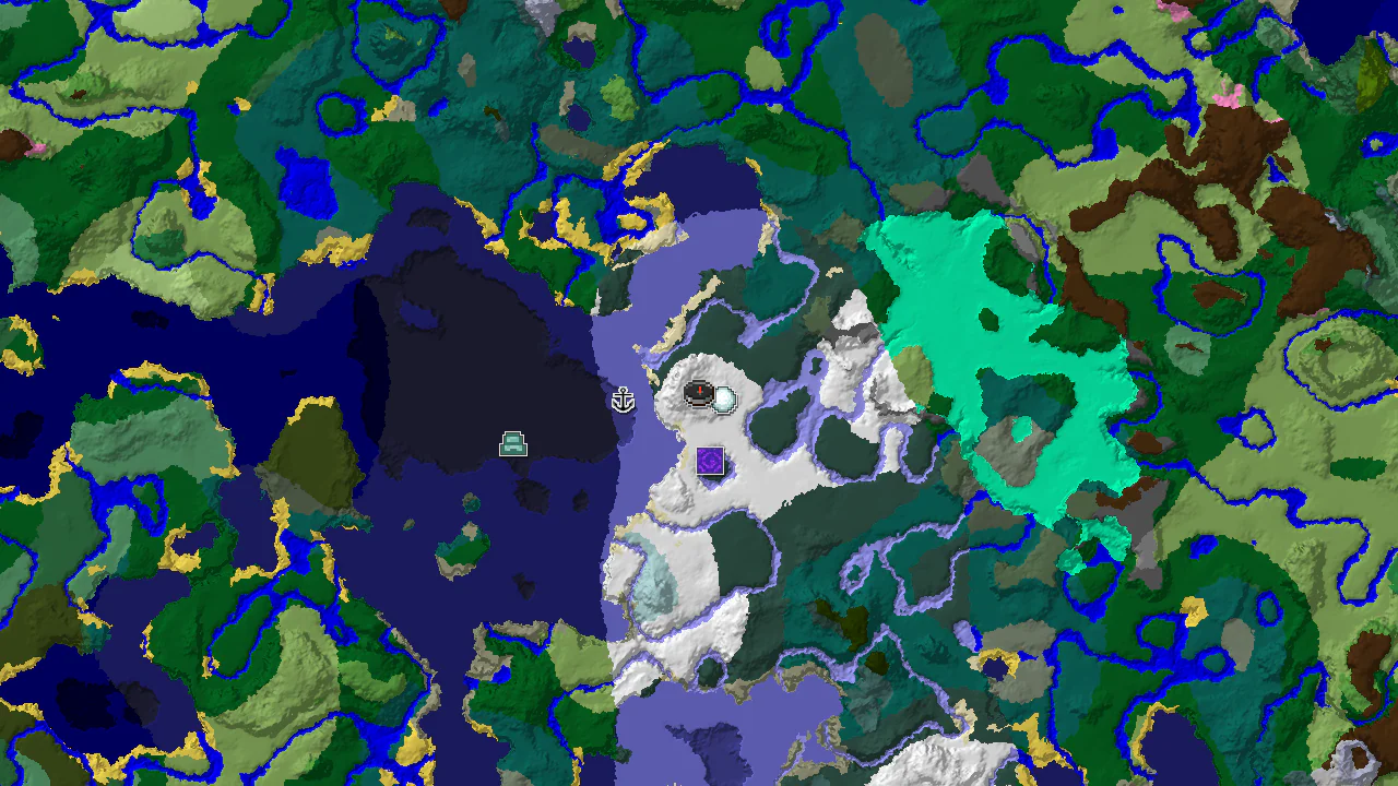 Top-down 2D biome map centred on a snowy spawn, with a spawn marker and markers for an igloo, ruined portal, shipwreck and ocean monument.