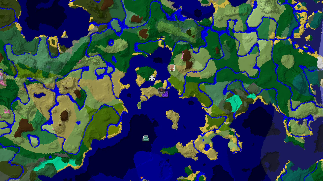 A 2D biome map centered on spawn, showing a survival island with forest and savanna, surrounded by ocean, and marked locations for a village, ruined portal, and shipwreck.
