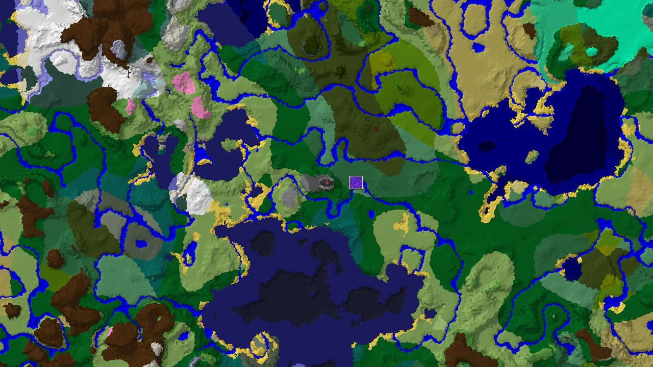 A top-down 2D biome map centered on spawn, showing Windswept Hills at the start, surrounded by Forest and Birch Forest, with markers for two nearby villages and a ruined portal.