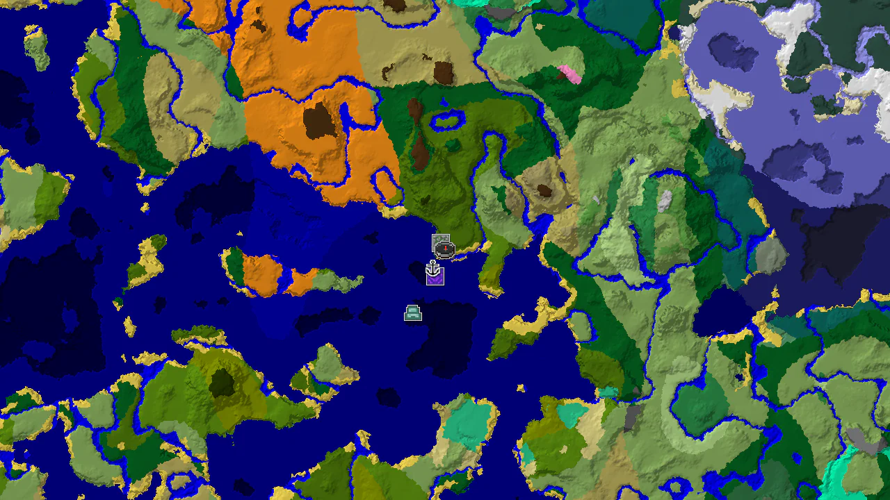 Top-down 2D biome map centred on spawn in a forest, with a spawn marker and markers for the jungle temple, shipwreck, ruined portal and ocean monument across jungle and lukewarm ocean.