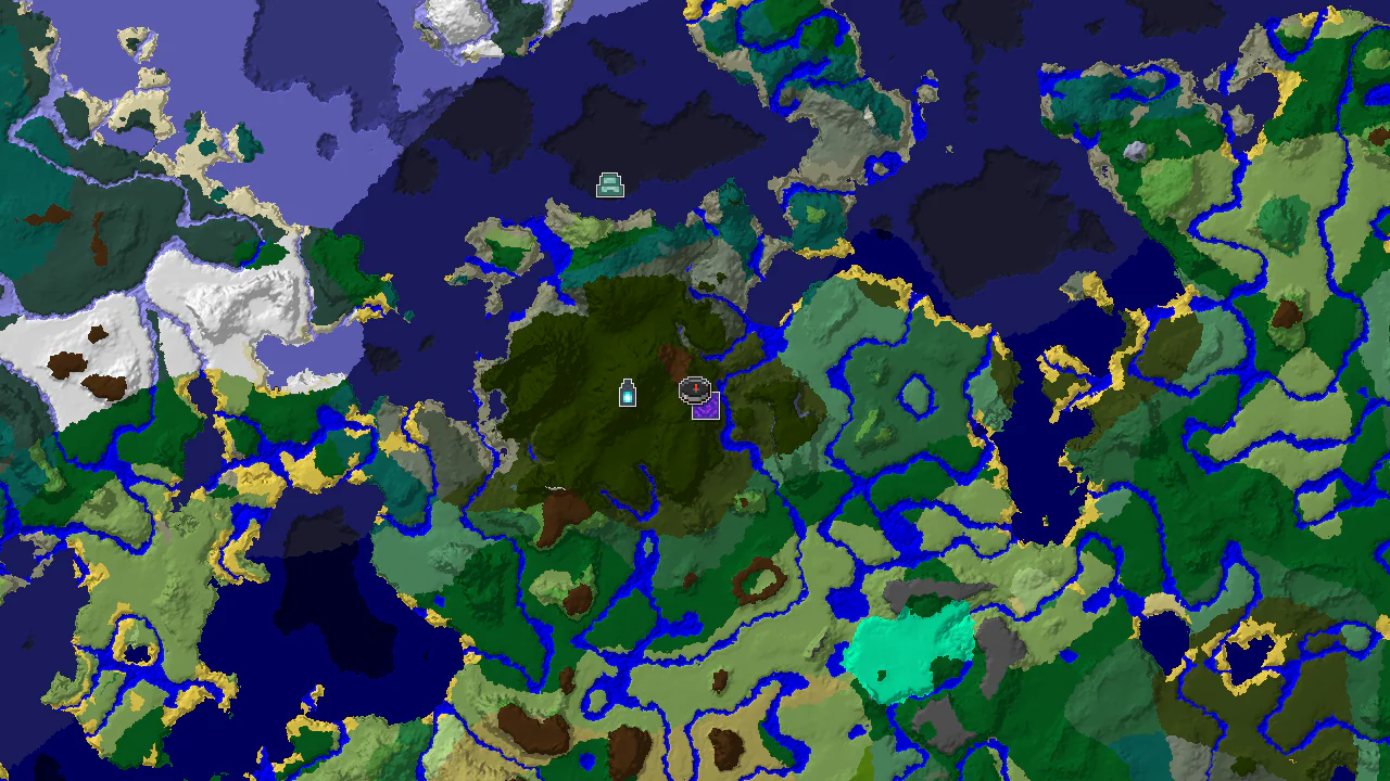 A 2D biome map centered on spawn, showing a large Dark Forest, various other biomes, and markers for an Ancient City, Ruined Portal, and Ocean Monument.