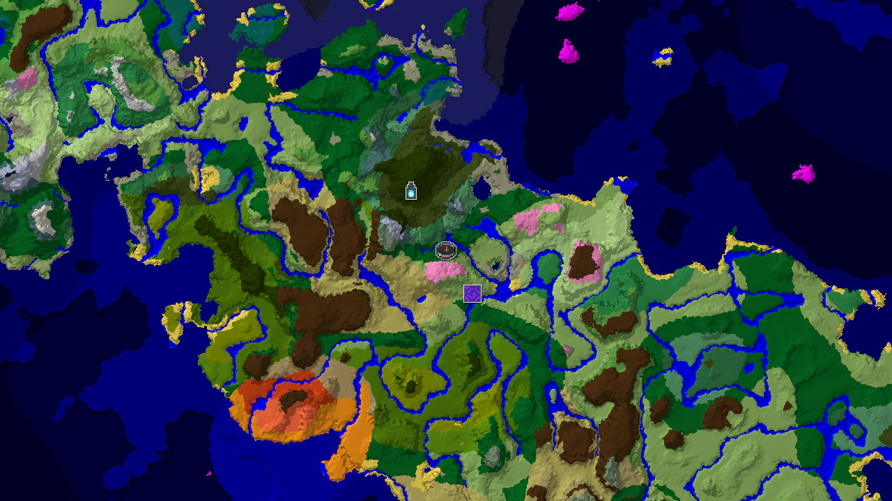A 2D biome map centered on the spawn point in a forest, showing a nearby Cherry Grove and markers for an Ancient City and Ruined Portal.
